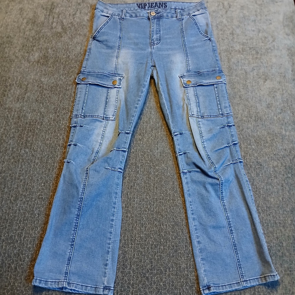 VIP Jeans Women Light Wash Cargo Straight Leg Denim Pants Size 11/30